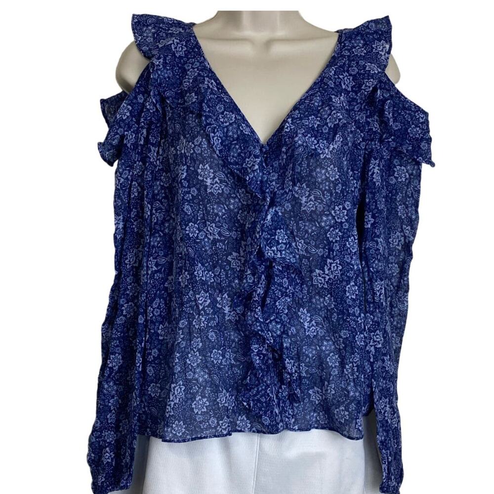 Parker Blue Floral Ruffled Cold Shoulder Blouse NEW Size Small